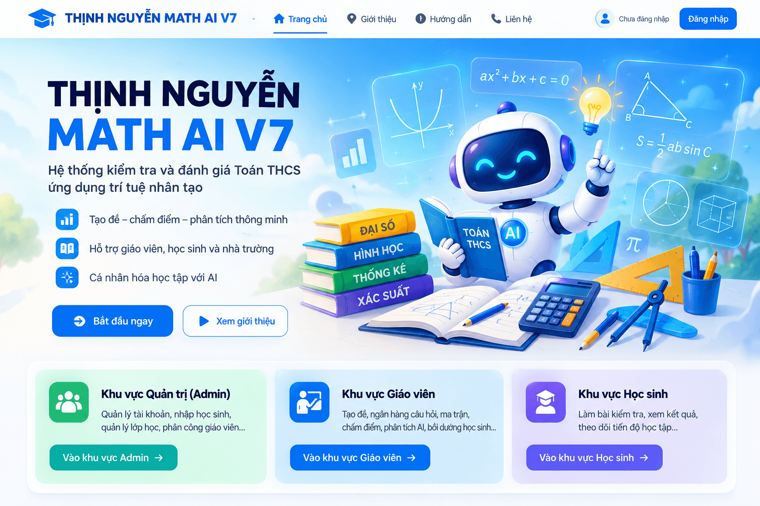 THỊNH NGUYỄN MATH AI V7: robot AI Toán học, thanh menu và ba khu vực Quản trị, Giáo viên, Học sinh